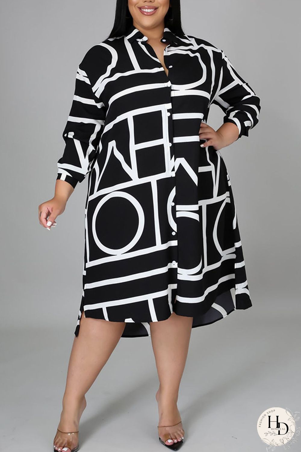 White Casual Print Split Joint Turndown Collar Shirt Dress Plus Size Dresses