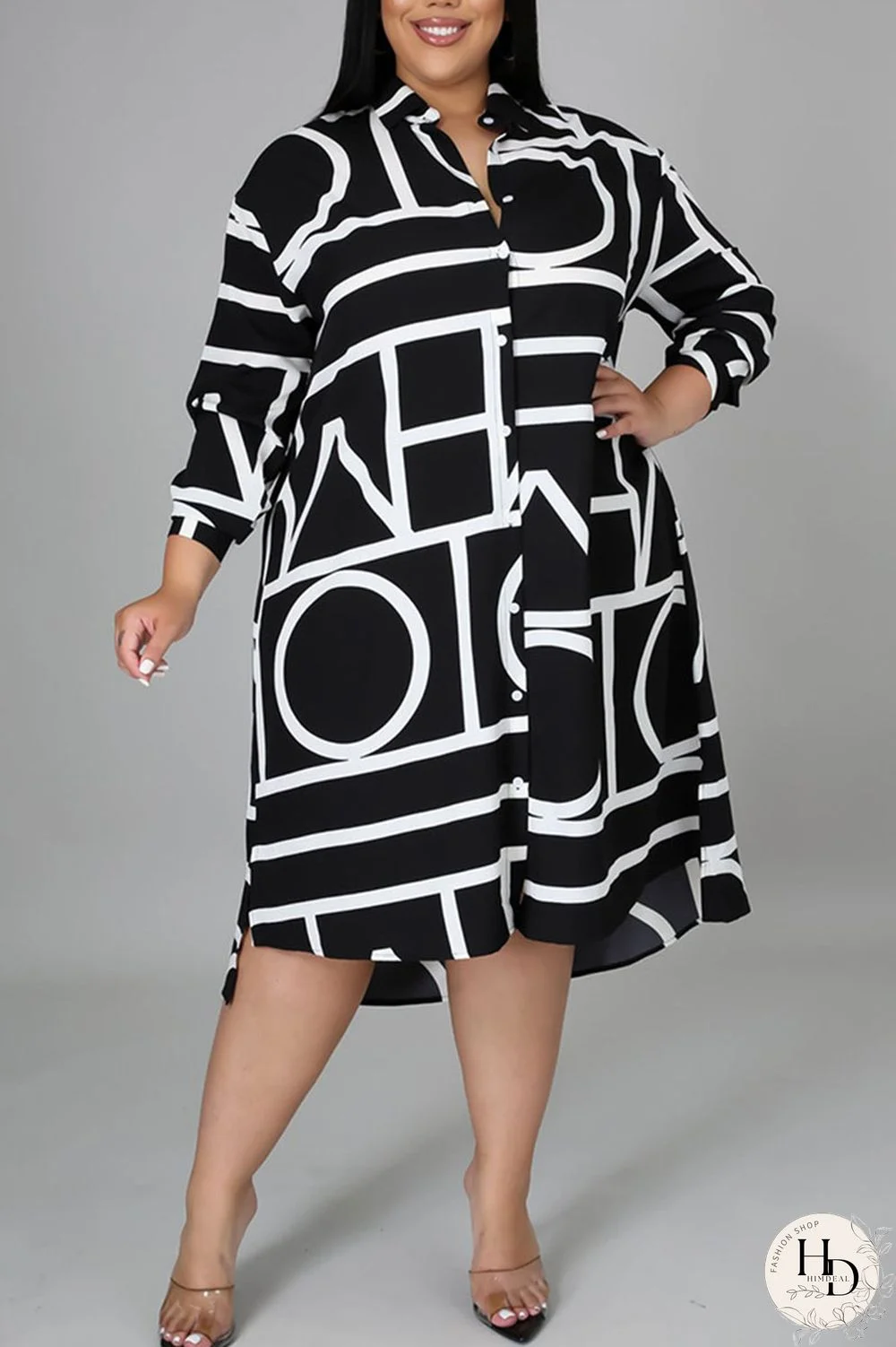 White Casual Print Split Joint Turndown Collar Shirt Dress Plus Size Dresses