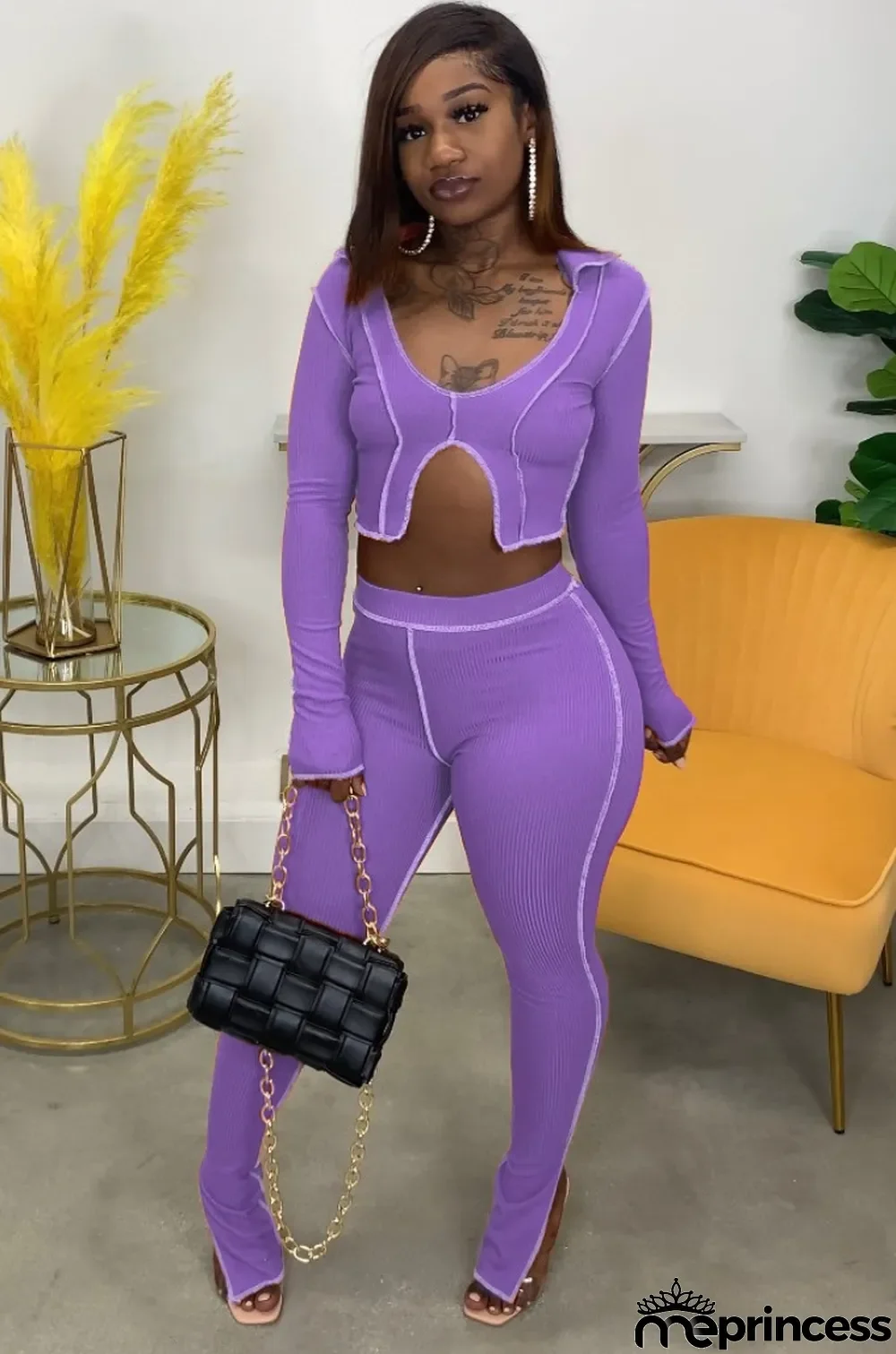 Fall Sxey Purple Irregular Collar Long Sleeve Crop Top And Pant Two Piece Set