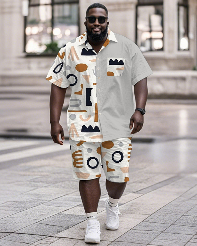 Men's Plus Size Street Fashion Grey Colorblock Geometric Print Shirt Shorts Suit