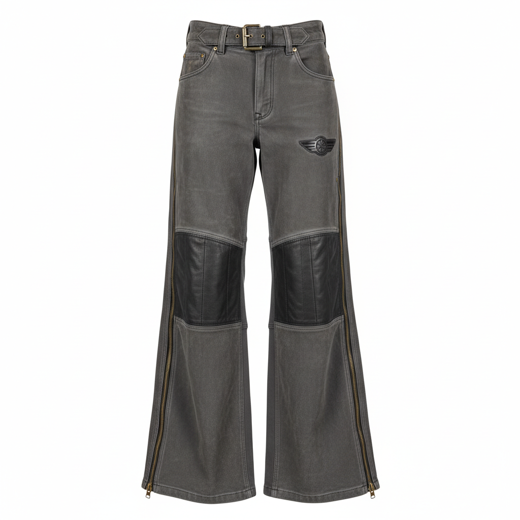 thesupersurf High-Waisted Denim Flare Jeans with Leather Patches and Zip Details 