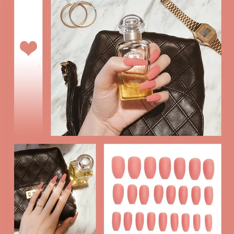 24pcs/box Full Cover fake Press on Nails Matte Yellow Pure Acrylic Frosted Ballerina acrylic for nails for Women free shipping-Nail Inspo