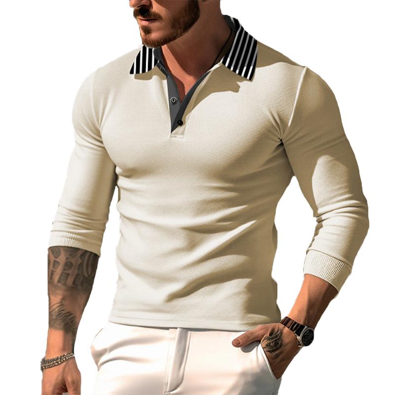Men's Striped Print Long Sleeve Button-Up POLO Shirt