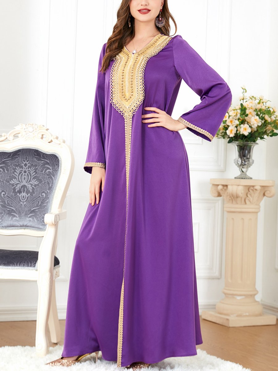 Golden Bead Split Design V Neck Long Sleeve Purple Dress | Oxredo Shop Ramadan Sale