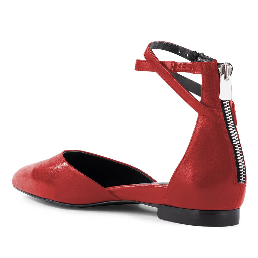 Simple Red Vegan Leather Ankle Strap D'orsay Pointed Toe Flats