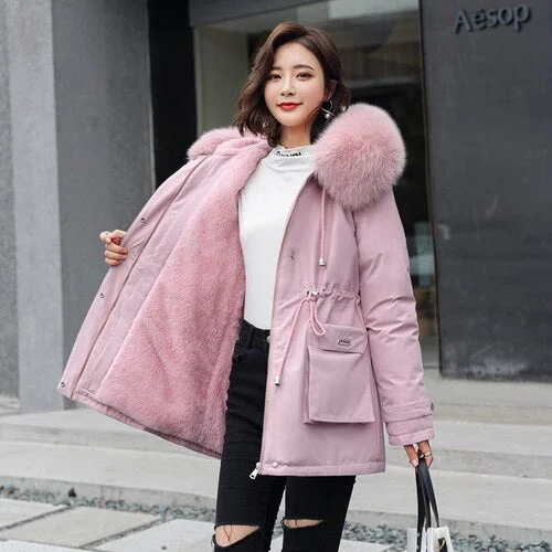 FTLZZ Large Fur Collar Hooded Jacket Winter Coat Women Thickness Cotton Padded Overcoat -30 Degree Snow Outwear Fur Lining Parka