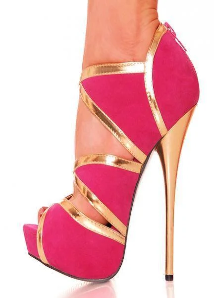 Hot Pink and Gold Suede Platform Stripper Heels Vdcoo
