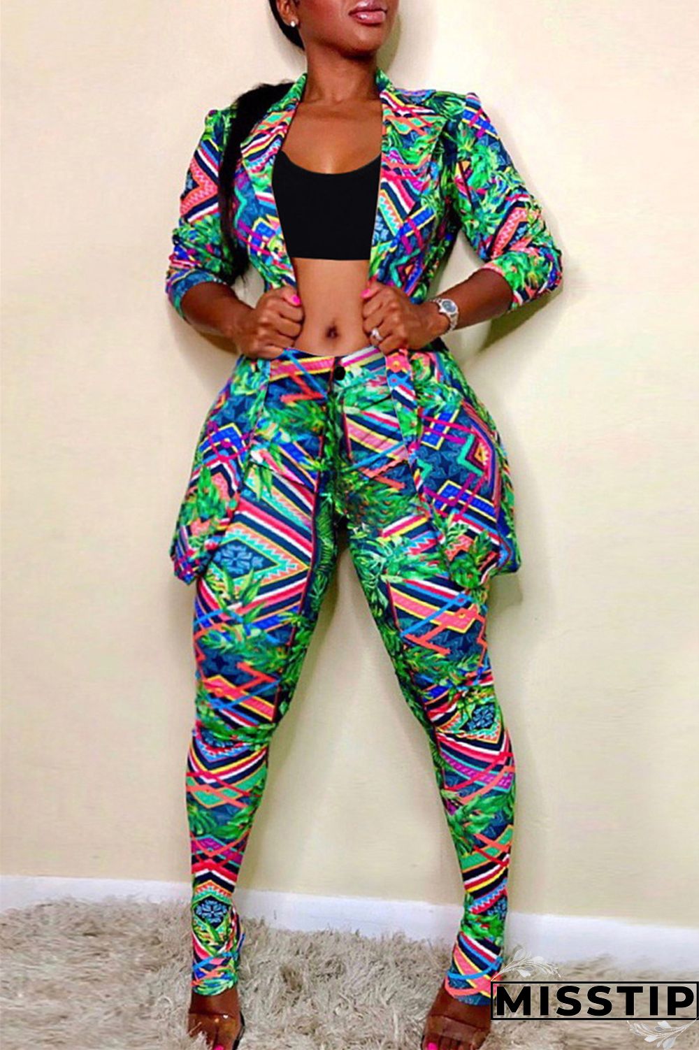 Colour Fashion Casual Print Cardigan Pants Turndown Collar Long Sleeve Two Pieces