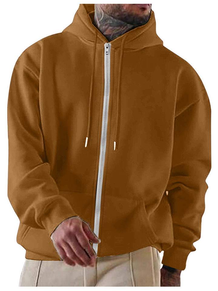 Men's Solid Color Hoodie Loose Casual Fleece Pocket Zipper Men's Hooded Drawstring Long Sleeve Sweatshirt Cardigan
