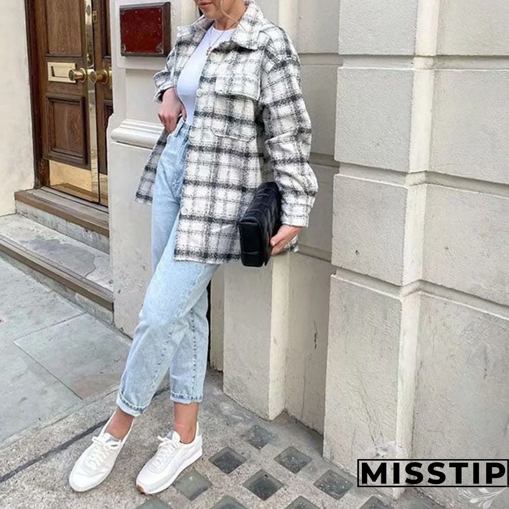 Classic Thick Colorblock Checked Button Down Shirt Jacket Woolen