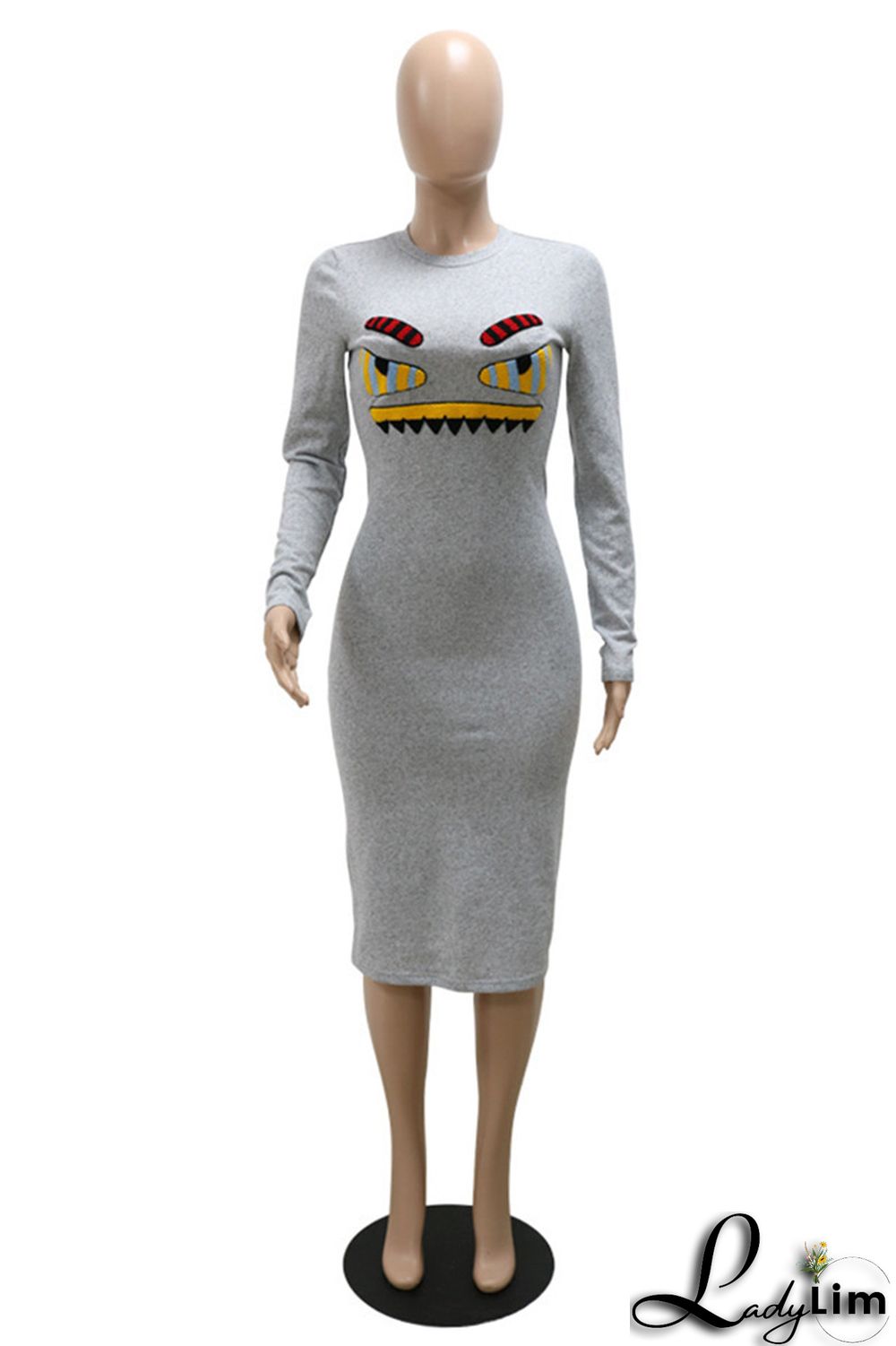 Grey Fashion Casual Print Basic O Neck Long Sleeve Dresses