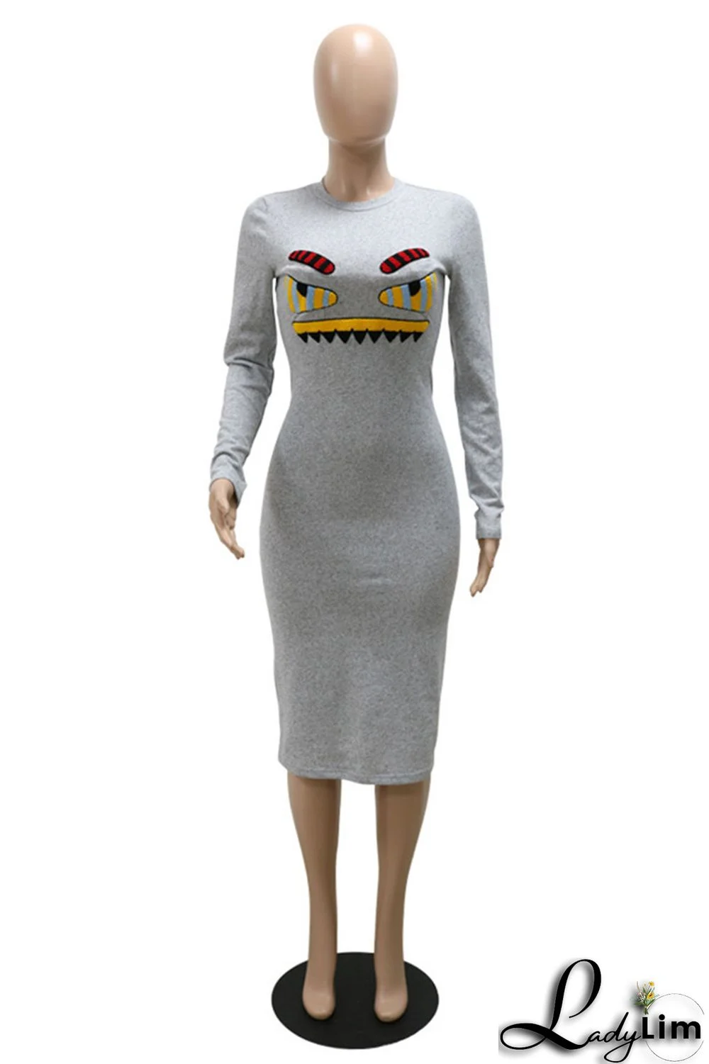 Grey Fashion Casual Print Basic O Neck Long Sleeve Dresses