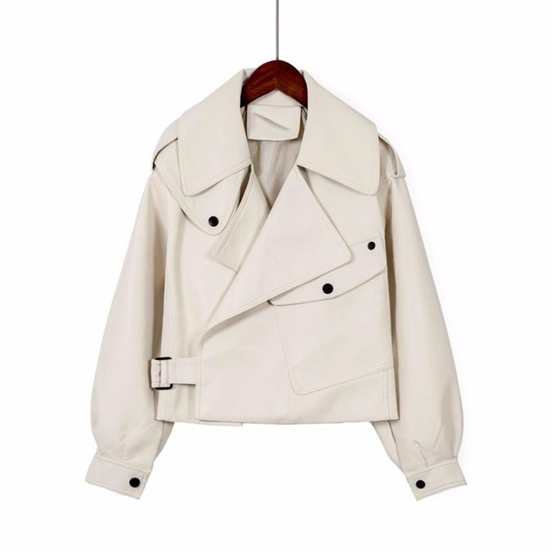 FTLZZ New Arrivals Women Faux Leather Jacket Pu Motorcycle Biker Beige Leather Coat Fashion Turndown Collar Loose Streetwear