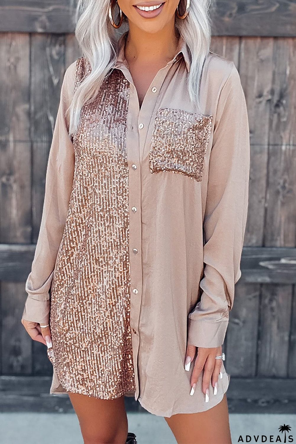 Sequin Splicing Pocket Buttoned Shirt Dress
