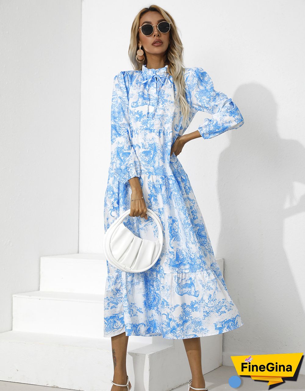 Printed Round Neck Loose Long Sleeve Dress