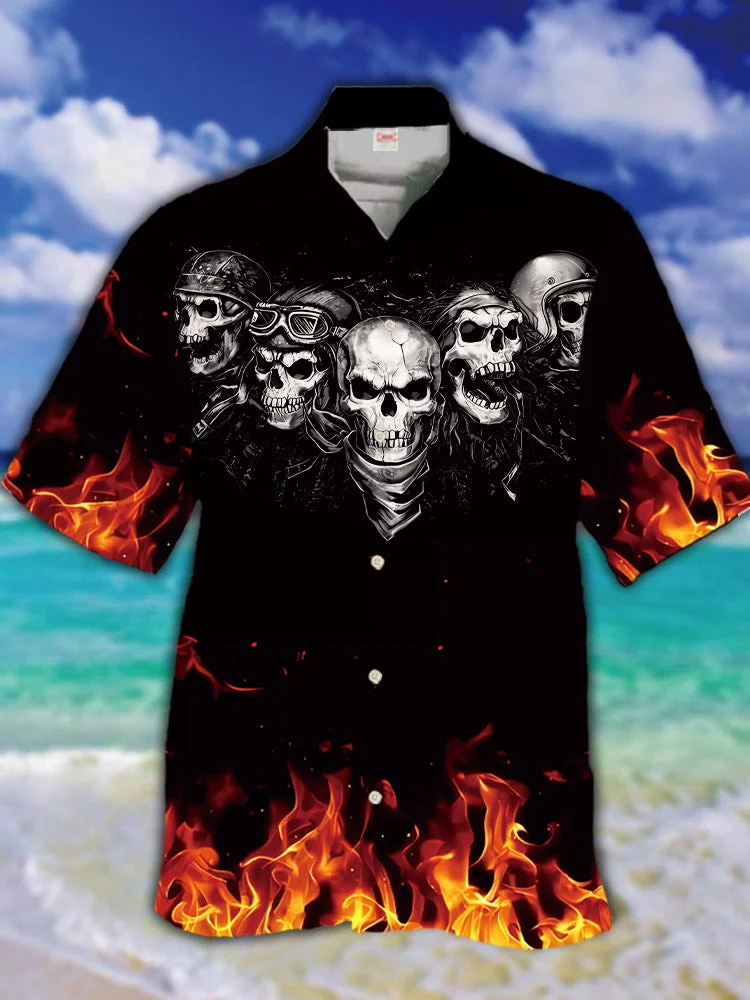 Eye-Catching Black Awesome Skull With Fire Printing Cuban Collar Hawaiian Short Sleeve Shirt BestDVibe