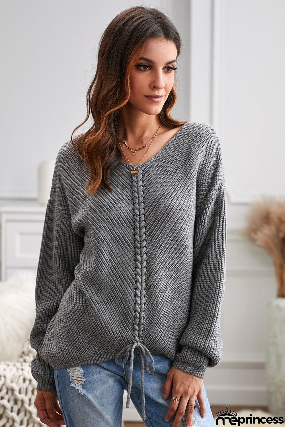 V-neck Lace Up Knitted Sweater