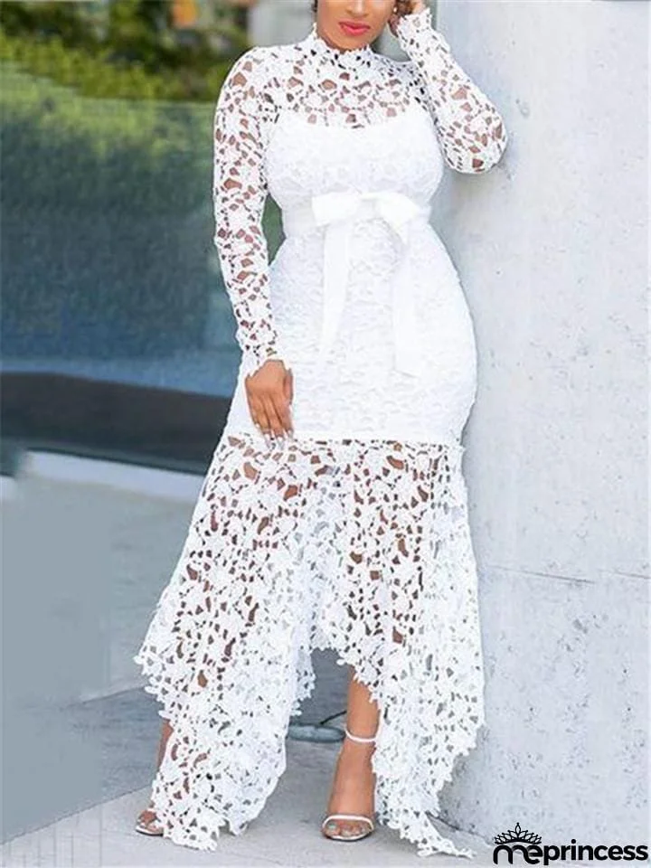 Stunning Waist Tie Lace Design Asymmetric Hem Dress for Prom