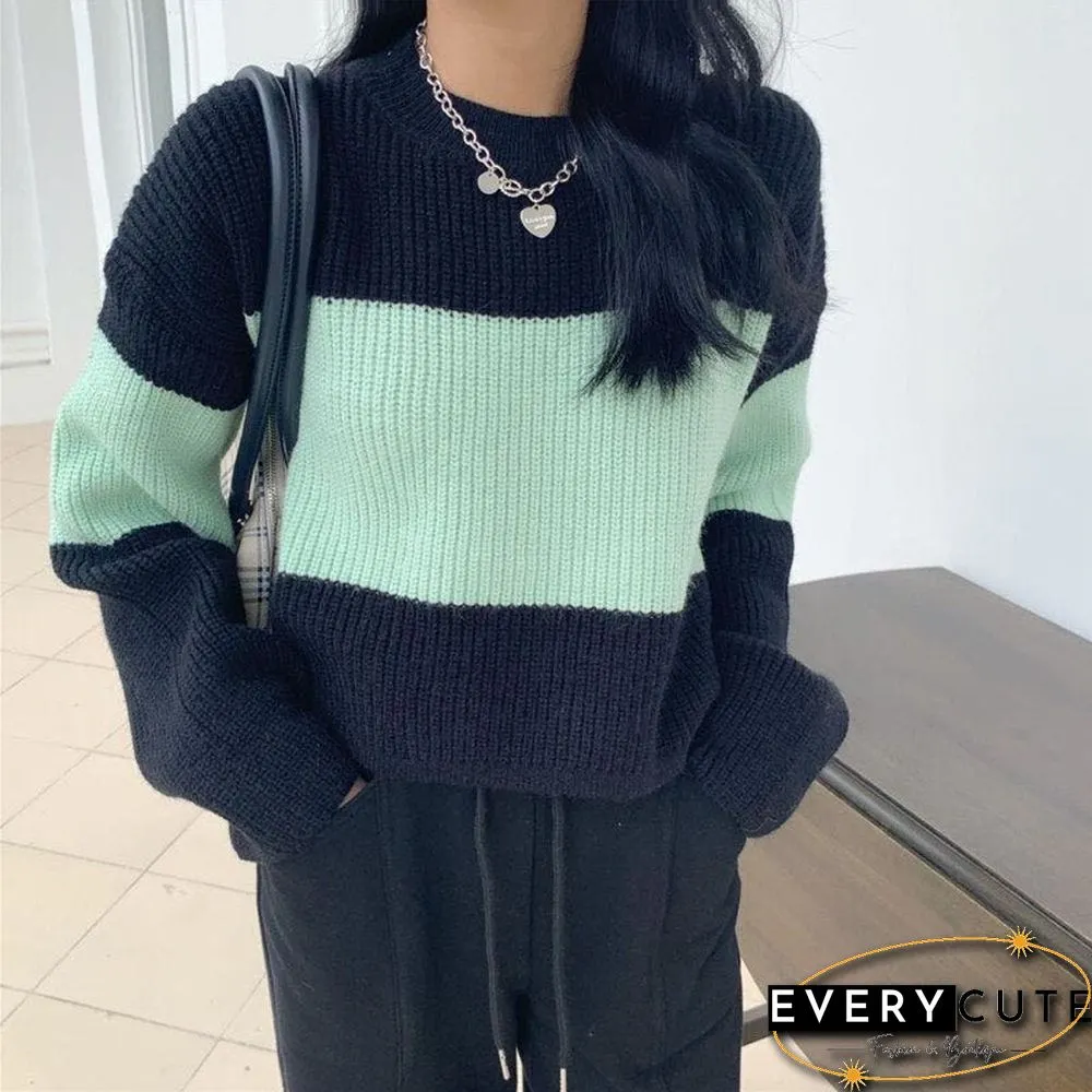 Elegant Striped Patchwork Womens Sweater Fashion Spring Outgoing Knitted Skin-Fe