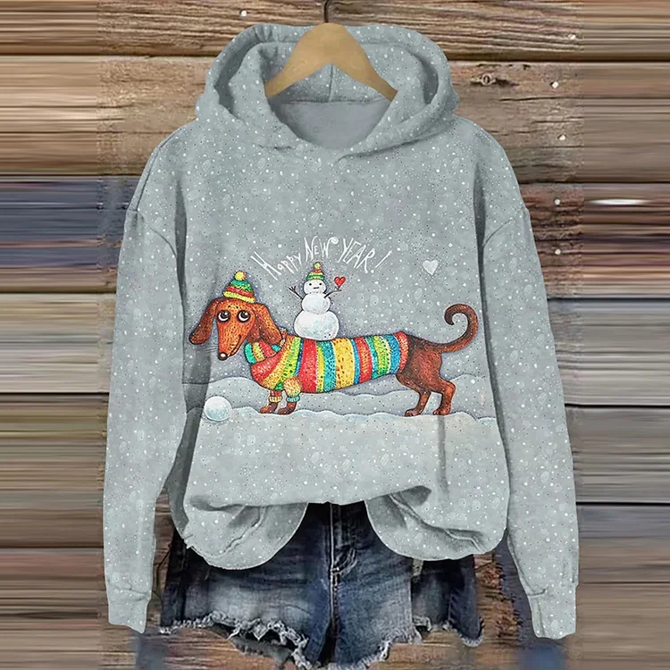 Comstylish Funny Cute Dachshund Snowman Art Pattern Print Casual Sweatshirt