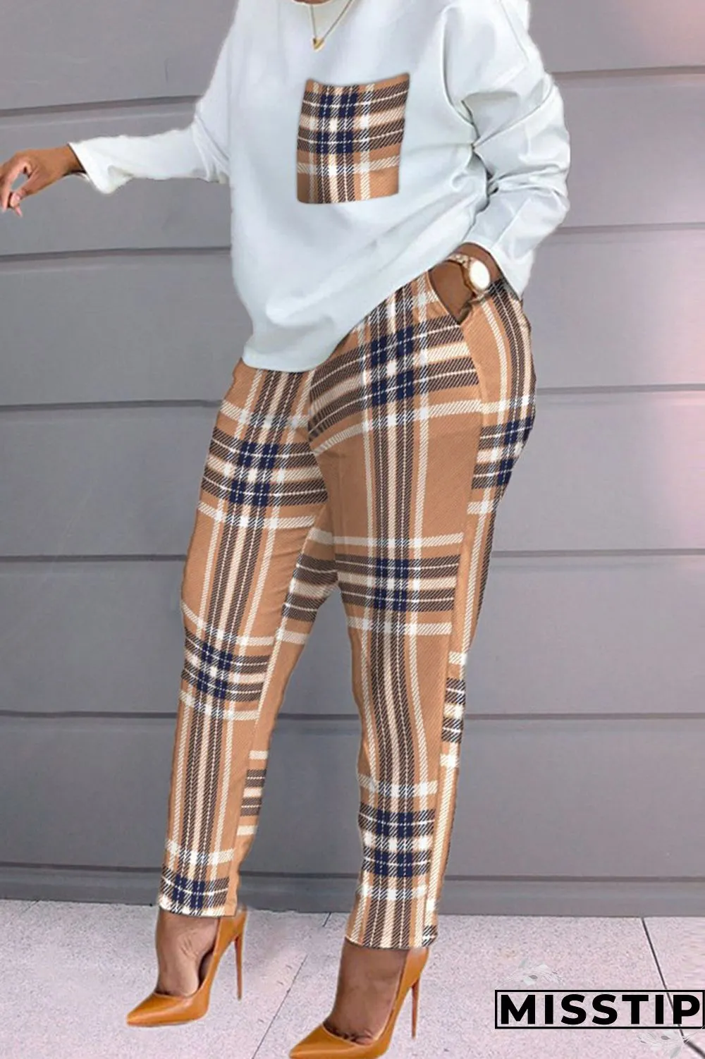 Burgundy Fashion Casual Print Patchwork O Neck Long Sleeve Two Pieces