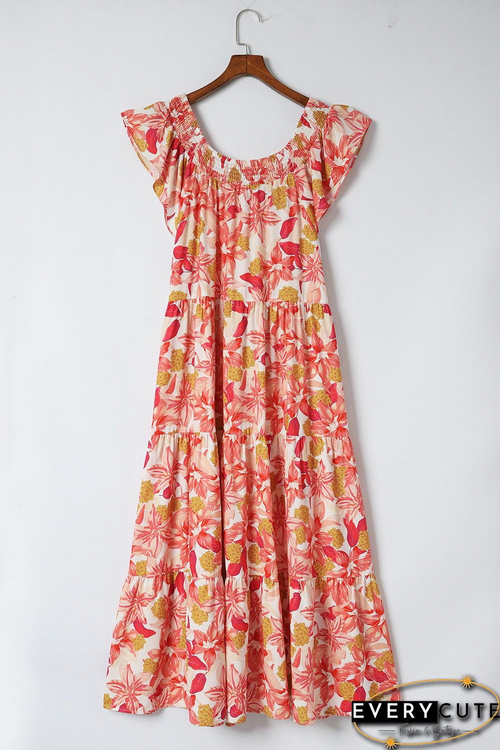 Orange Floral Print Shirred Ruffled Sleeveless Plus Size Dress