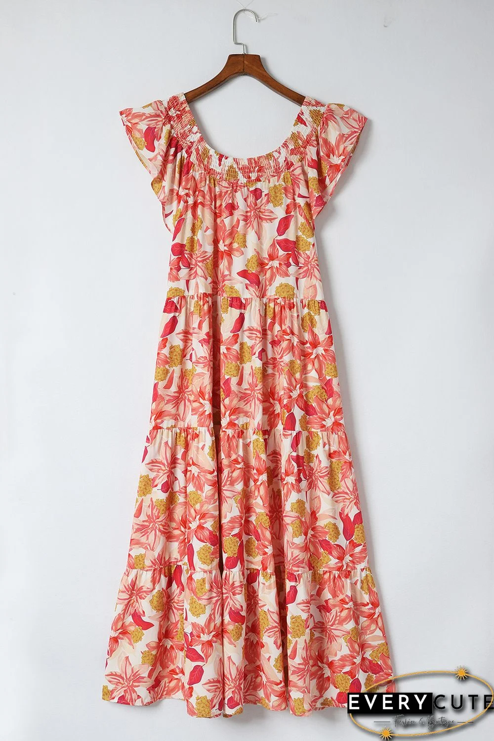 Orange Floral Print Shirred Ruffled Sleeveless Plus Size Dress