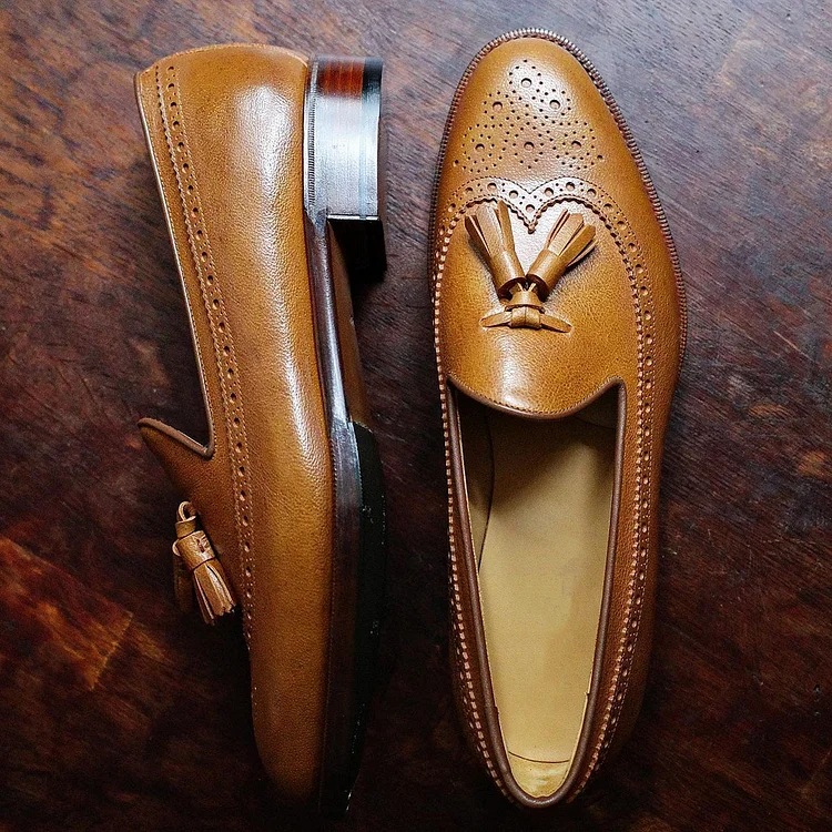 Fringe Trim Vintage Brogue Slip-On Leather Loafers [Pre Order]