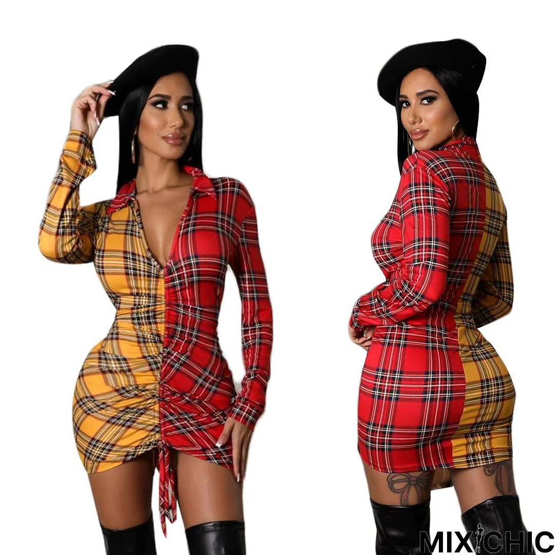 Sexy Plaid Stitching Lace-up Hip Dress