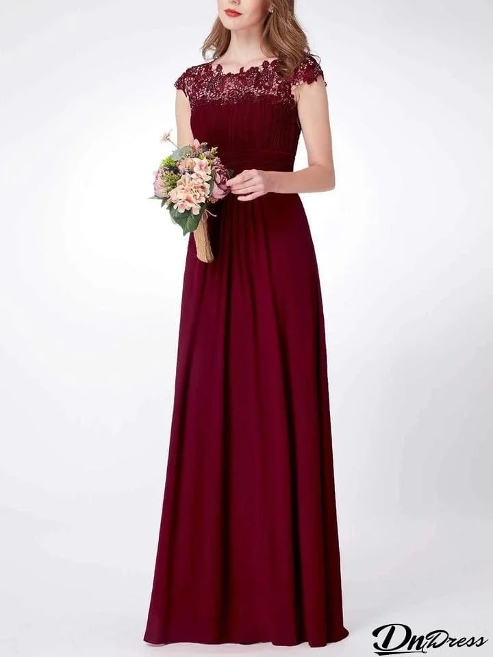 Elegant Cap Sleeve Lace Neckline Ruched Bust Evening Dress