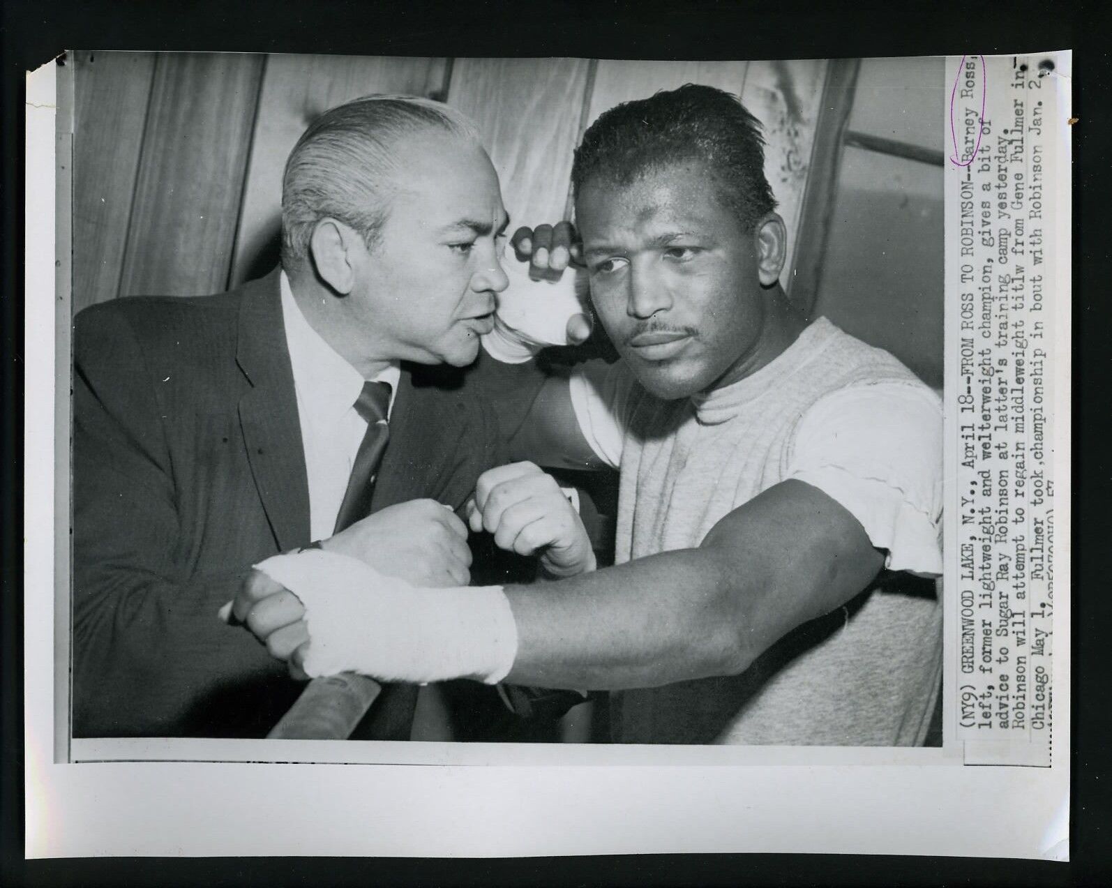 Sugar Ray Robinson & Barney Ross at Greenwood Lake 1957 Press Wire Photo Poster painting