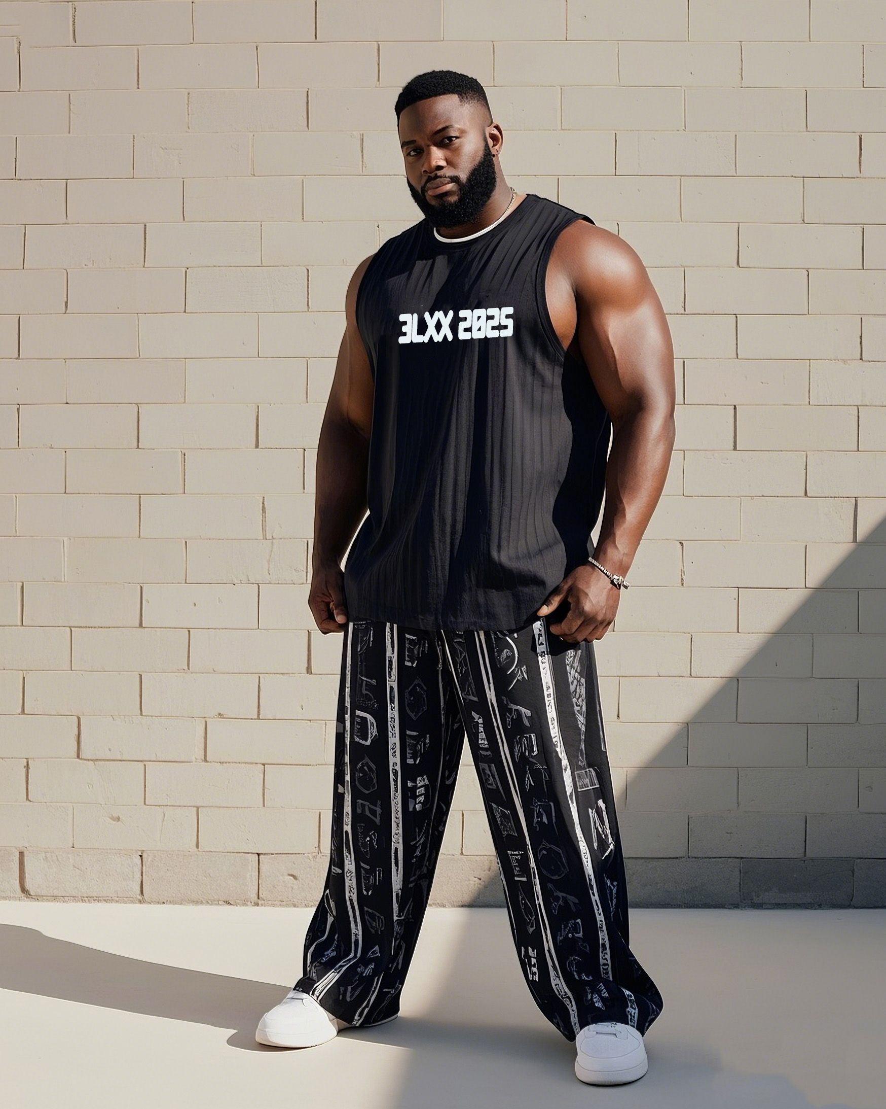 Men's Plus Size Street Fashion Creative Plus Size Label English Vest Print Trousers Suit