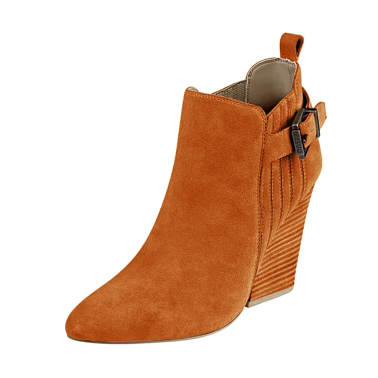 Women's Suede Orange Almond Toe Buckle Chunky Heel Boots |FSJ Shoes