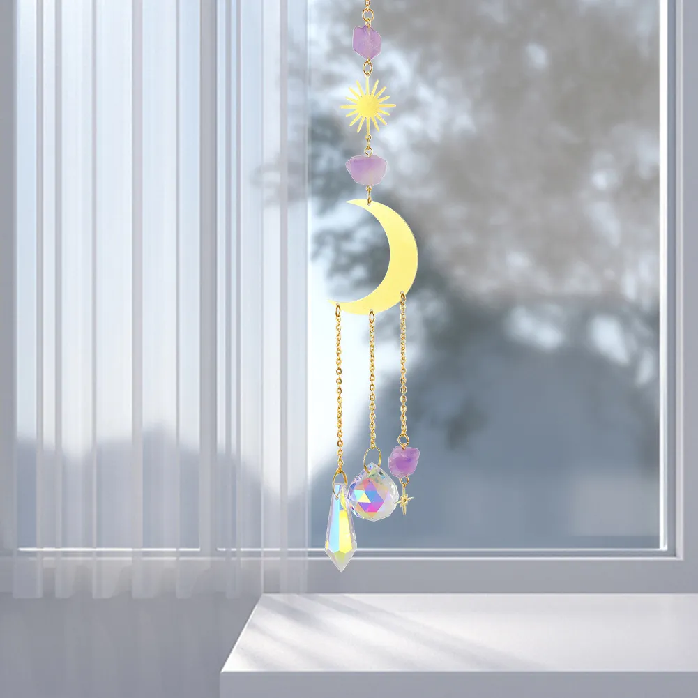 Crystal Wind Chime Star Moon Prism Hanging Pendant Home Garden Decor (F)