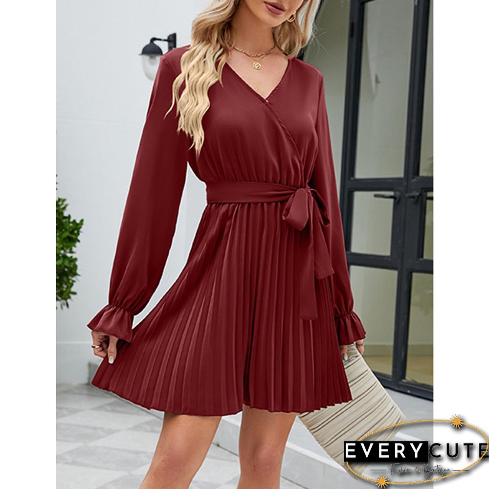 Burgundy V Neck Long Sleeve Pleated Mini Dress with Belt