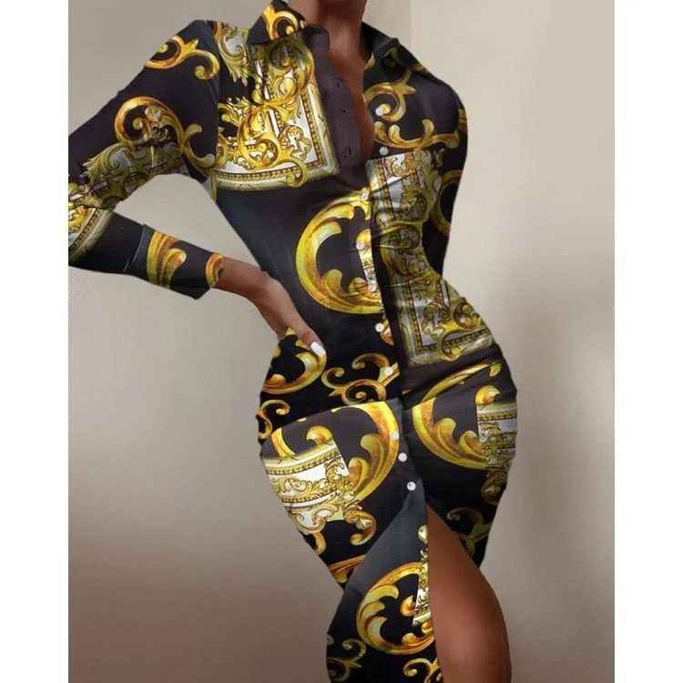 Women's shirt dress long sleeve sexy waist waist printed cardigan shirt