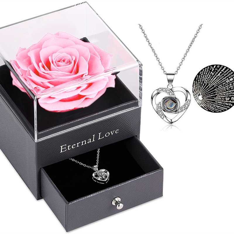 Vangogifts Eternal Preserved Real Rose with ‘I Love You in 100 Languages‘ Necklace Set | Best Gift for MOM,Wife,Girlfriend
