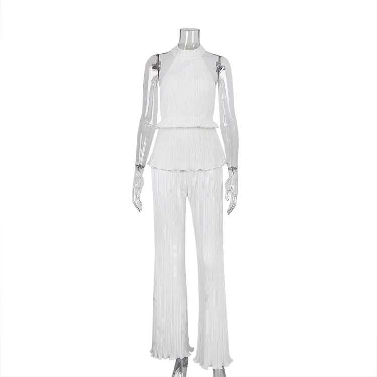 Churchf Churchf Hanging Neck Sexy Hot Girl Sleeveless Vest White Pleated High Waist Wide Leg Pants Suit Woman