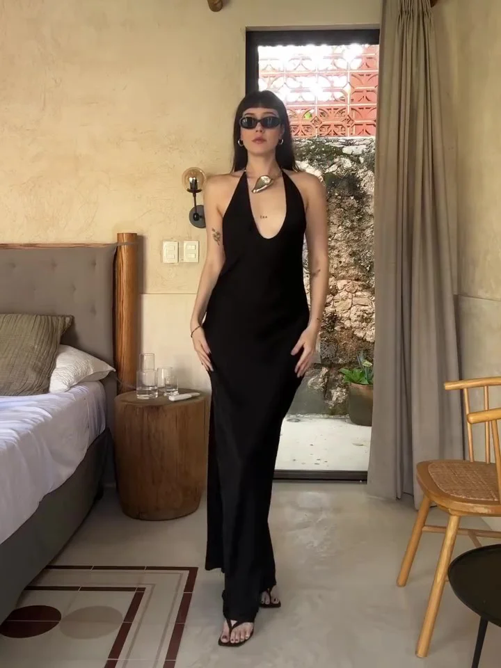 Black Deep V Backless Dress