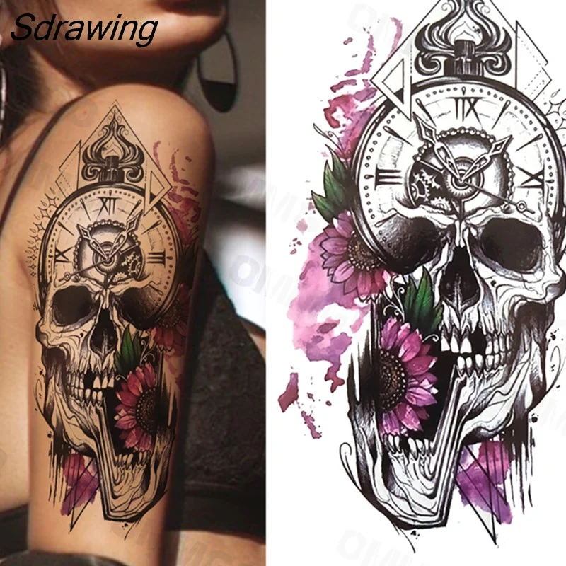 Sdrawing Rose Flower Skeleton Temporary Tattoos For Women Adult Girl Lion Tiger Crown Fake Tattoo Body Art Painting Tatoo Decal