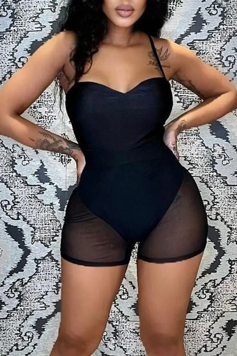 Sexy Solid Split Joint See-through Spaghetti Strap Regular Jumpsuits