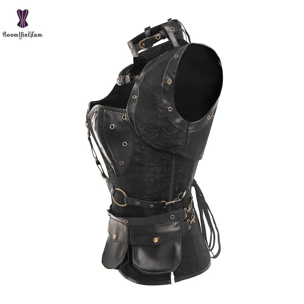 Black Women's Spiral Steel Boned Goth Retro Overbust Steampunk Bustier Corset With Jacket Plus Size 926#