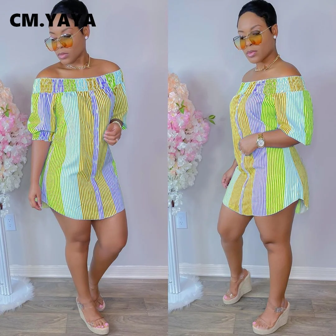 CM.YAYA Women Mini Dress Print Short Sleeve Off Shoulder Straight Loose Dresses Sexy Fashion Vestidos Outfit Summer 2021