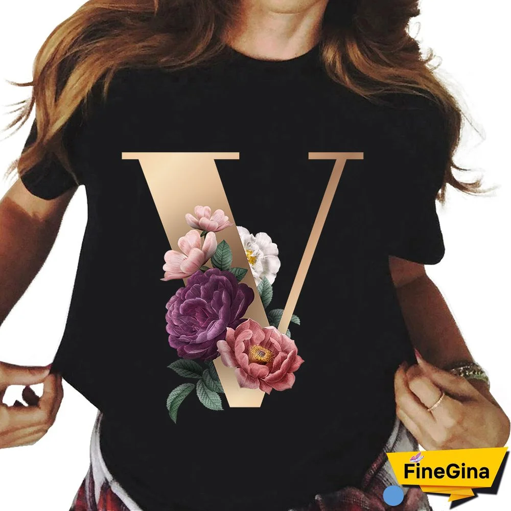 Custom Name Letter Combination T-shirt 26 FloralAlphabetFontClassicTShirt Fashion Harajuku Kawaii TShirt Women Top Tees