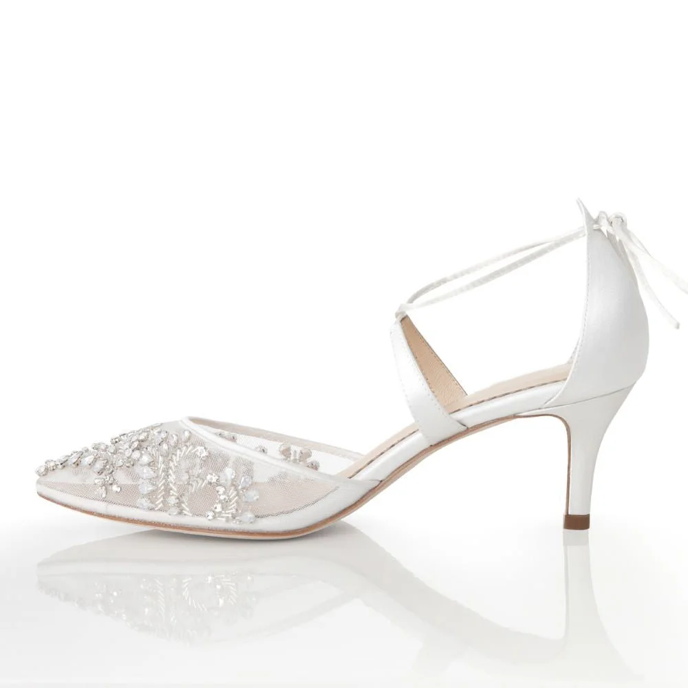 Ivory Mesh Rhinestone Embellished floral Inlay Criss-Cross Lace-Up Pointed Toe Pumps With Kitten Heel Nicepairs
