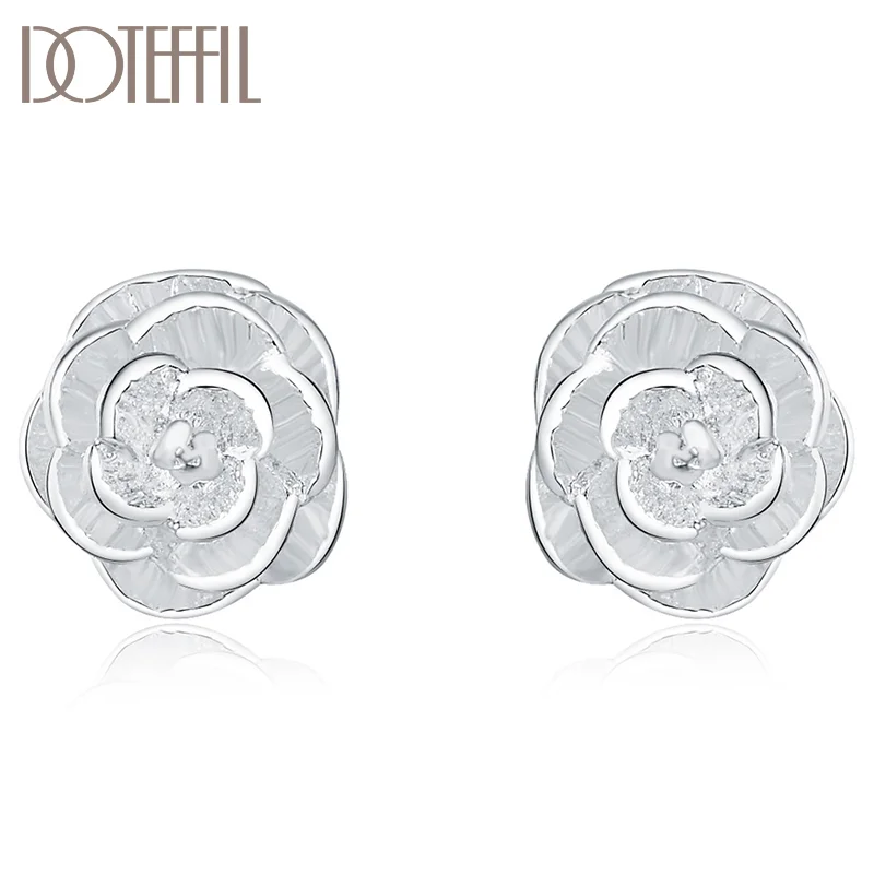 DOTEFFIL 925 Silver Rose Flowers Stud Earrings For Woman Jewelry