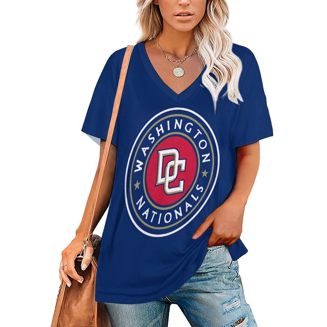 V-neck Short Sleeve Casual T-shirt for  Women Printed with Pattern , Blue, Red