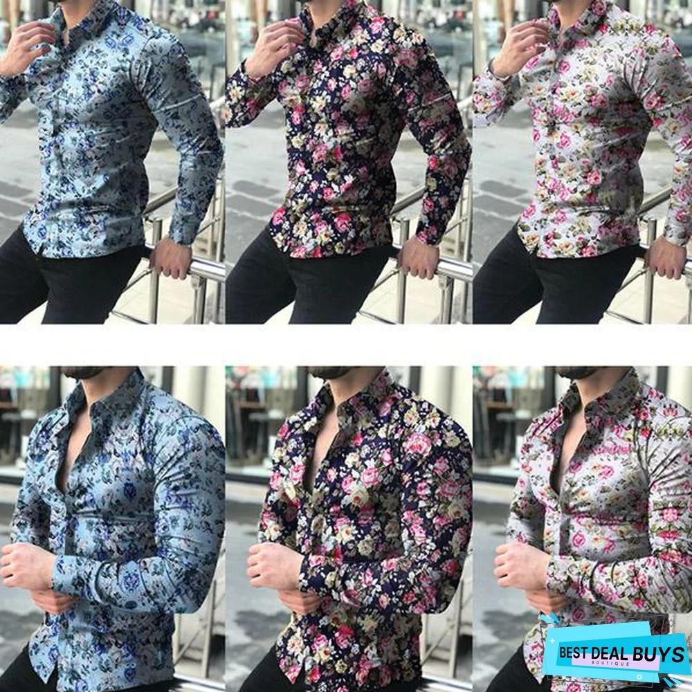 Men Fashion Spring Autumn Long Sleeve Floral Printed Shirts