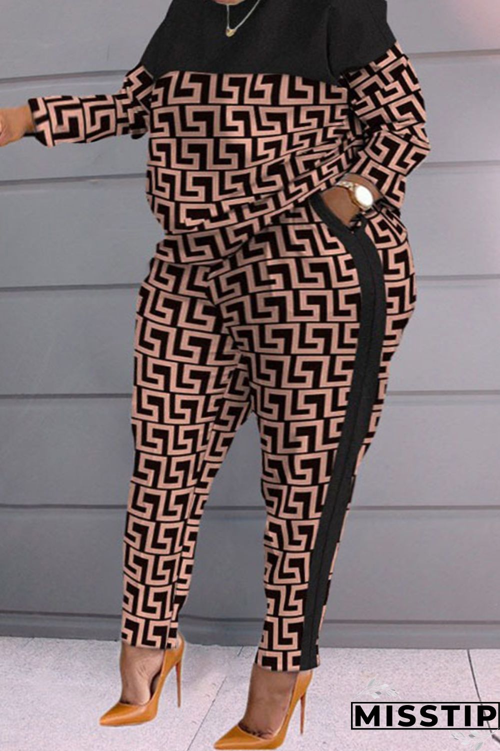 Blue Casual Print Patchwork O Neck Plus Size Two Pieces