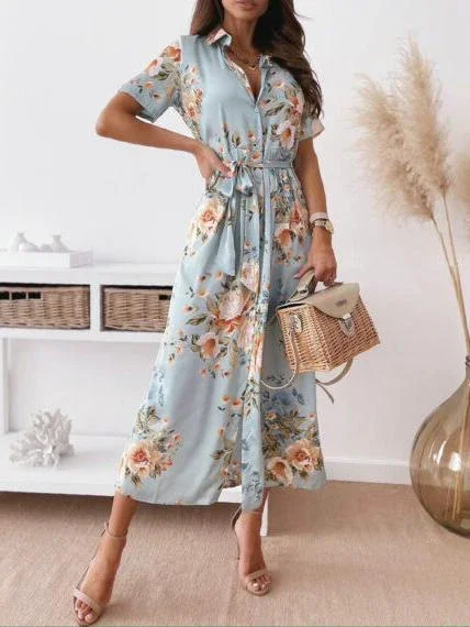 Collar Short Sleeve Wrap Waist Button Down Maxi Dress